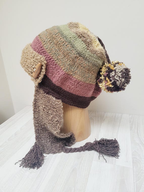 Chunky Ombre Brown Green Earflap Warm Hat Tassel Bobble Sherpa