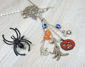 Halloween Necklace ring goth jewelry set extra long pendant orange charm pumpkin witch hat owl cat stars jingle bells evil eye silver tone