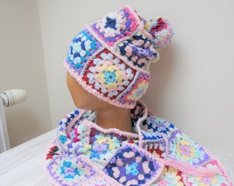 Scarf and bobble slouchy hat set, shawl wrap crochet knit granny square pink blue green neck neckwarmer handmade fringe chunky flower floral