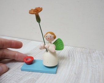 Erzgebirge angel with flower mini candle holder Vintage Easter Christmas ornament wooden candleholder stick candlestick made in Germany old