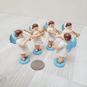5 German Erzgebirge Dregeno angels musicians, Christmas ornaments dolls, wooden retro figurine made in Germany set DDR trumpet conductor old