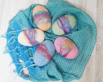 Pastel 5 felted soap bar in bulk gift lot Christmas favor wedding Easter egg shape set scrub and sponge in 1 powder blue pink green white