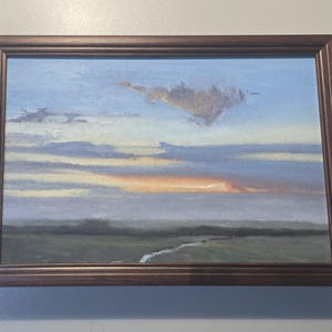 Oil Painting on Linen, 30 x 20 cm, Sunset Sky Over Fields, Small Landscape Painting, Hand-Painted Fine Art
