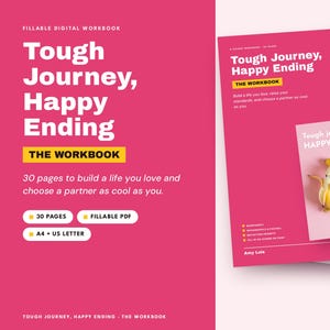 Puede incluir: Un libro de ejercicios digital titulado Tough Journey, Happy Ending de Amy Lois. La portada es de color rosa brillante con texto blanco y un gráfico de dos plátanos. Incluye 30 páginas, formato PDF rellenable y tamaños A4 y US Letter.