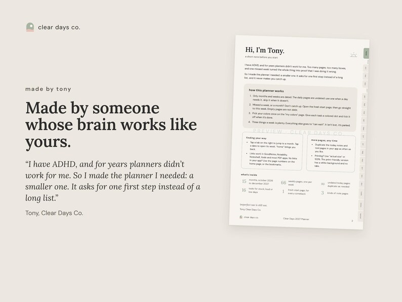A note from Tony, the founder of Clear Days Co., who has ADHD and made the planner he needed.