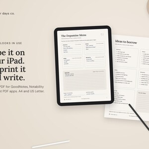 The Dopamine Menu filled in on an iPad in GoodNotes and as a printed page with a pen, showing how the fillable PDF looks in use
