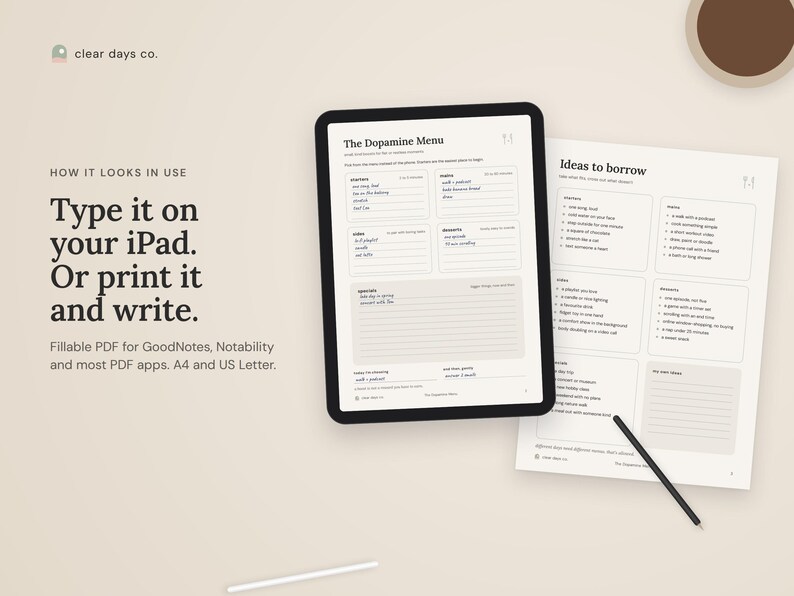 The Dopamine Menu filled in on an iPad in GoodNotes and as a printed page with a pen, showing how the fillable PDF looks in use