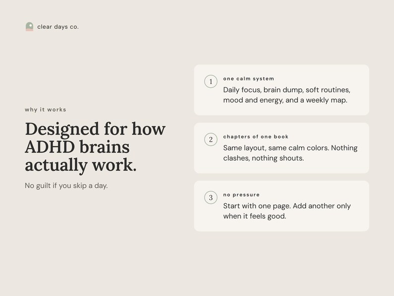 Infographic: why The Clear Days Collection works for ADHD brains, three design features explained