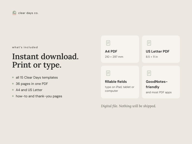 What's included: A4 PDF, US Letter PDF, fillable fields, works in GoodNotes and most PDF apps