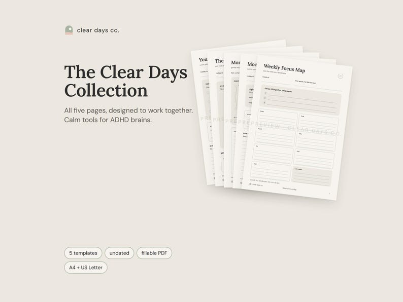 The Clear Days Collection printable by Clear Days Co., shown on a beige surface in calm sage and cream colors