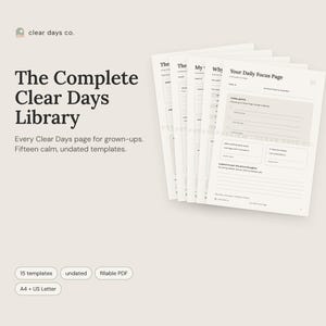 The Complete Clear Days Library printable bundle by Clear Days Co., shown on a beige surface in calm sage and cream colors