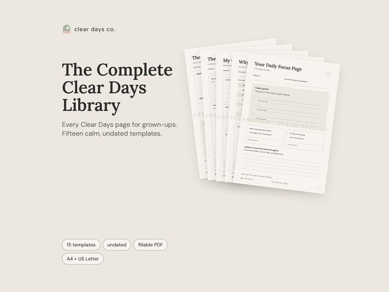 The Complete Clear Days Library printable bundle by Clear Days Co., shown on a beige surface in calm sage and cream colors