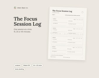 Body Doubling Planner, ADHD-fokussessionslogg och studietimer, utskrivbar, PDF