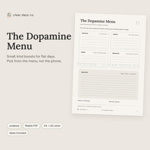 The Dopamine Menu printable by Clear Days Co., shown on a beige surface in calm sage and cream colors
