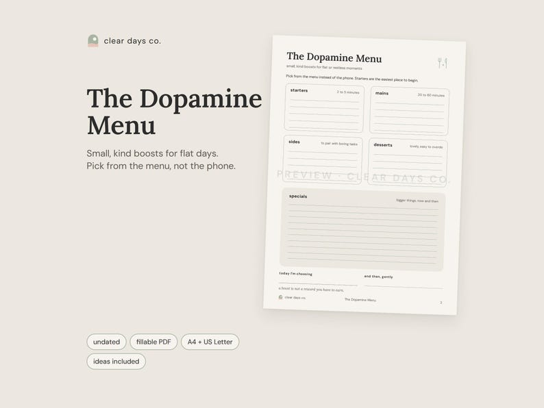 The Dopamine Menu printable by Clear Days Co., shown on a beige surface in calm sage and cream colors