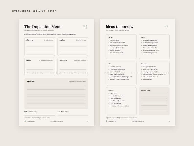 Full preview of The Dopamine Menu pages, available in A4 and US Letter