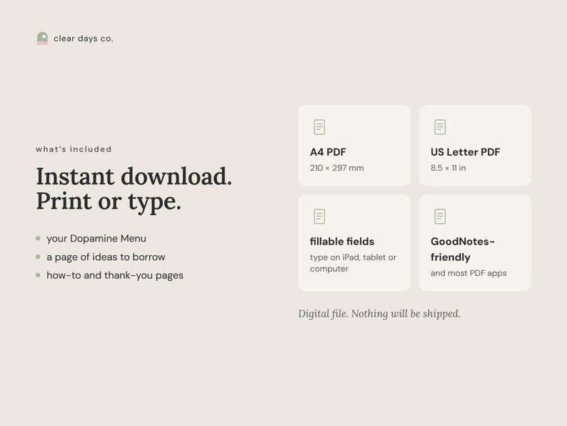 What's included: A4 PDF, US Letter PDF, fillable fields, works in GoodNotes and most PDF apps