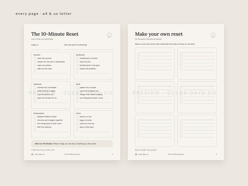 Full preview of The 10-Minute Reset pages, available in A4 and US Letter