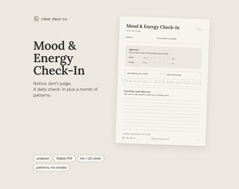 Utskrivbar humörspårare, ADHD humör- och energilogg med daglig incheckning, ifyllbar PDF