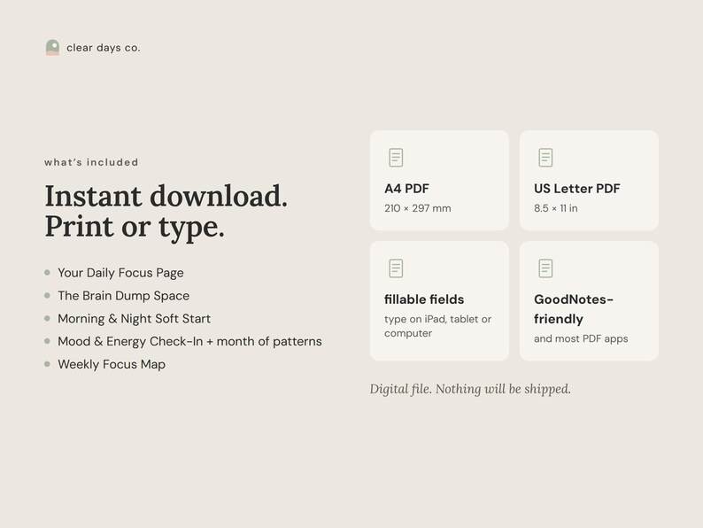 What's included: A4 PDF, US Letter PDF, fillable fields, works in GoodNotes and most PDF apps