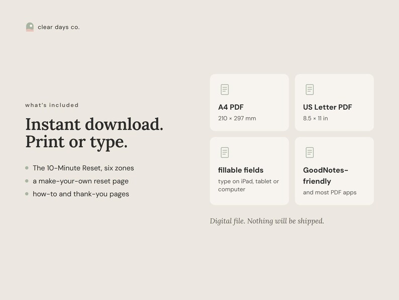 What's included: A4 PDF, US Letter PDF, fillable fields, works in GoodNotes and most PDF apps