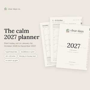 The calm 2027 ADHD planner by Clear Days Co.: cover, a monthly calendar and a weekly page with side tabs, October 2026 to December 2027.