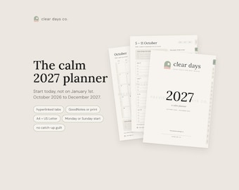 ADHD-planerare 2027, hyperlänkad digital planerare för GoodNotes, utskrivbar veckoplanerare, lugn månadsplanerare, oktober 2026 till december 2027