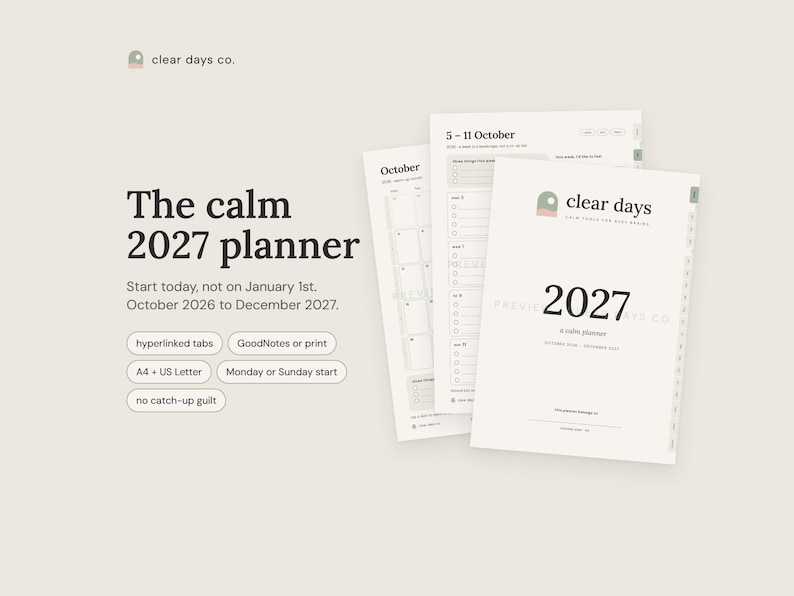 The calm 2027 ADHD planner by Clear Days Co.: cover, a monthly calendar and a weekly page with side tabs, October 2026 to December 2027.