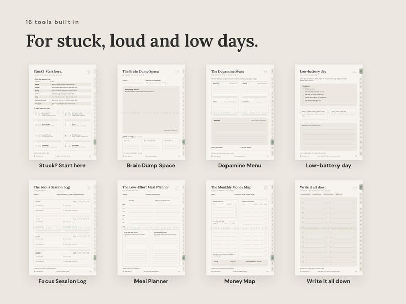 Sixteen ADHD tools built into the planner, including Stuck? Start here, the Brain Dump Space, the Dopamine Menu, a low-battery day page, a focus session log, a meal planner, a money map and write it all down.