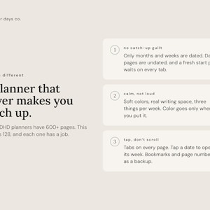 Why this ADHD planner is different: no catch-up guilt, a calm design and tabs on every page.
