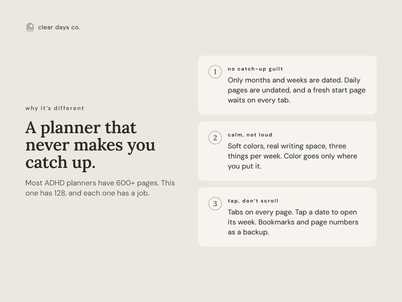 Why this ADHD planner is different: no catch-up guilt, a calm design and tabs on every page.