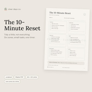 The 10-Minute Reset printable by Clear Days Co., shown on a beige surface in calm sage and cream colors