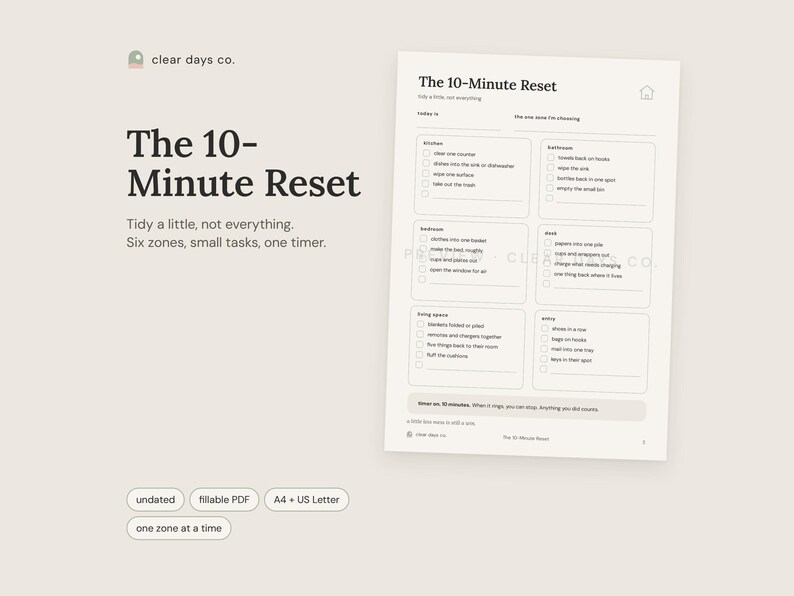 The 10-Minute Reset printable by Clear Days Co., shown on a beige surface in calm sage and cream colors