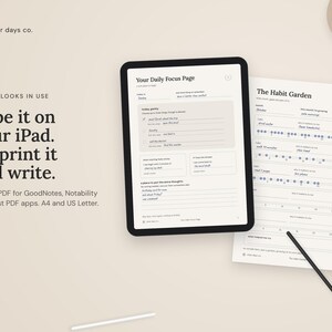 Pages from The Complete Clear Days Library filled in on an iPad in GoodNotes and as a printed page with a pen, showing how the fillable PDF looks in use