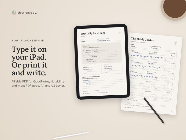 Pages from The Complete Clear Days Library filled in on an iPad in GoodNotes and as a printed page with a pen, showing how the fillable PDF looks in use