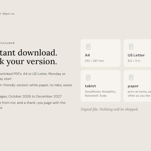 What is included: four hyperlinked PDFs in A4 and US Letter with Monday or Sunday start, plus a print-friendly version. Digital download, nothing will be shipped.