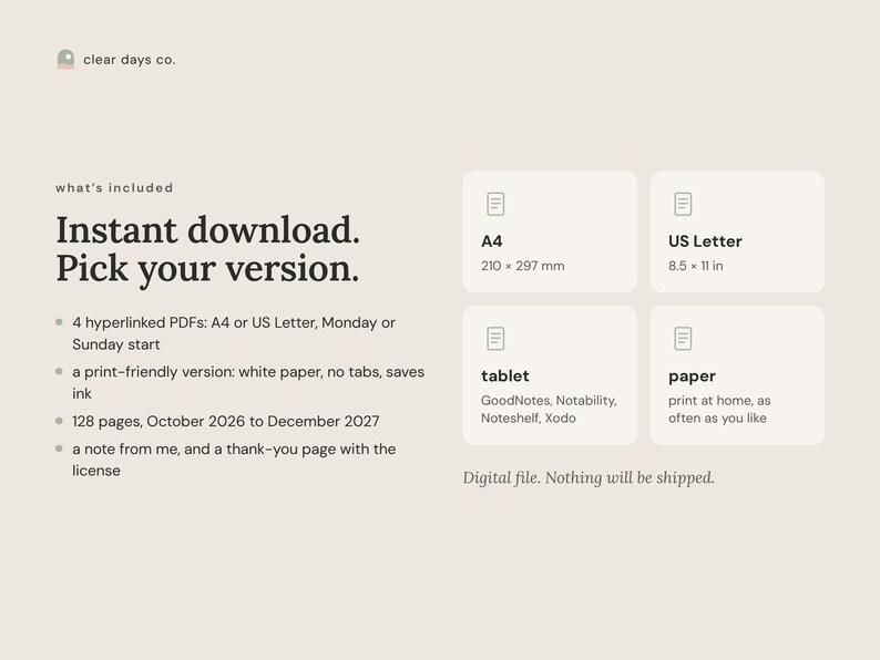 What is included: four hyperlinked PDFs in A4 and US Letter with Monday or Sunday start, plus a print-friendly version. Digital download, nothing will be shipped.