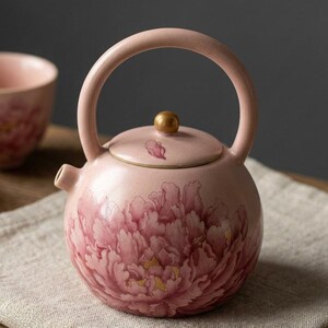 Satin Pink Ceramic Tea Kettle 250ml | Overhead Loop Handle | Holiday Tea Present