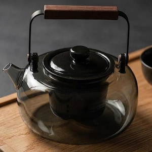 Black Ceramic Glass Tea Kettle 850ml | Wood Handle Infuser | Birthday Present for Tea Drinker