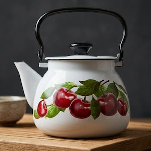 May include: A white enamel teapot featuring a painted design of bright red cherries with green leaves on the front. The teapot has a black handle and a black lid knob. A small, speckled, light-colored ceramic cup sits beside the teapot.