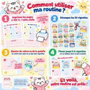 Puede incluir: Una guía ilustrada titulada Comment utiliser ma routine? con un gato de dibujos animados. Muestra cuatro pasos: imprimir páginas, recortar 24 viñetas cuadradas, añadir velcro o adhesivo, y colocar las viñetas en una tabla de rutinas.