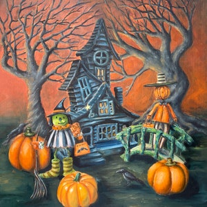 May include: A whimsical Halloween scene with a blue house, a witch, a pumpkin man, a bridge, and pumpkins. The scene is painted in a cartoon style with a dark green background and orange sky.