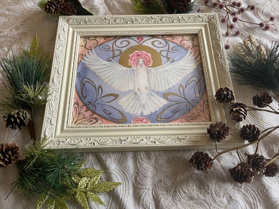 水彩画　神に向かう 鳩の聖なる心の水彩画 - Etsy 日本