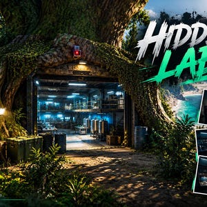 Op de afbeelding: Een digitale illustratie van een verborgen laboratorium gebouwd in de voet van een grote boom. De ingang onthult een industrieel interieur met metalen tanks en apparatuur. De tekst HIDDEN LAB wordt weergegeven in witte en groene letters.
