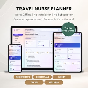 May include: A digital Travel Nurse Planner displayed on a laptop, tablet, and smartphone. The interface shows a dashboard with sections for assignments, credentials, money, travel, and wellness. Text includes "Travel Nurse Planner" and "Try the Free Demo."