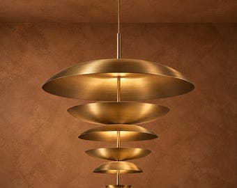 Modern Brass Chandelier - Sculptural Tiered Disc Pendant Light