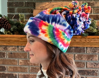 Tie Dye Fleece Pom Pom Slouch Beanie, Winter Hat