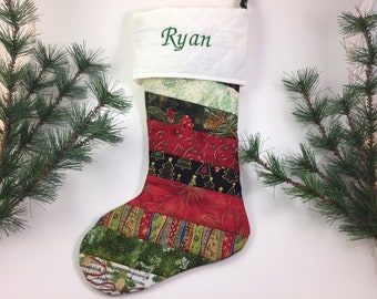 Personalized Christmas stockings. Quilted stockings. Mantel decor ideas.   Baby's first Christmas gift.  Gifts for family. Christmas decor