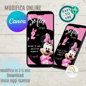 Invito festa compleanno modificabile topolina bambina personalizzato - file modificabile online invio whatsapp