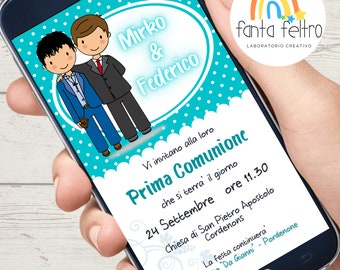 Personalized Digital First Communion invitation for twins to print and whatsapp - DIGITAL FILE